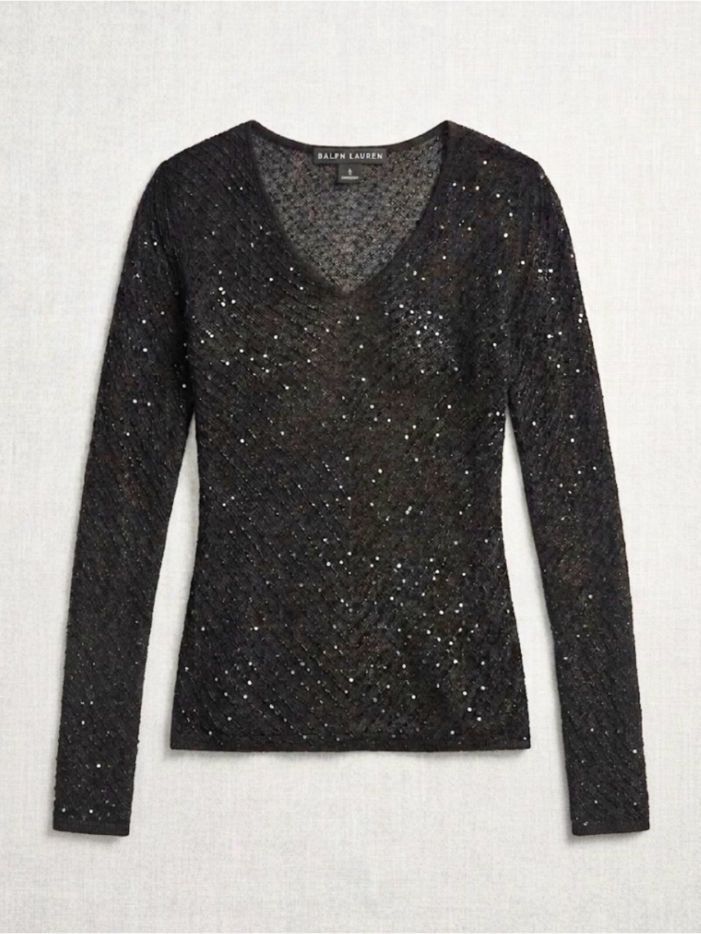Ralph Lauren Black Label Top Small Black Beaded Mesh Chevron Knit V Neck